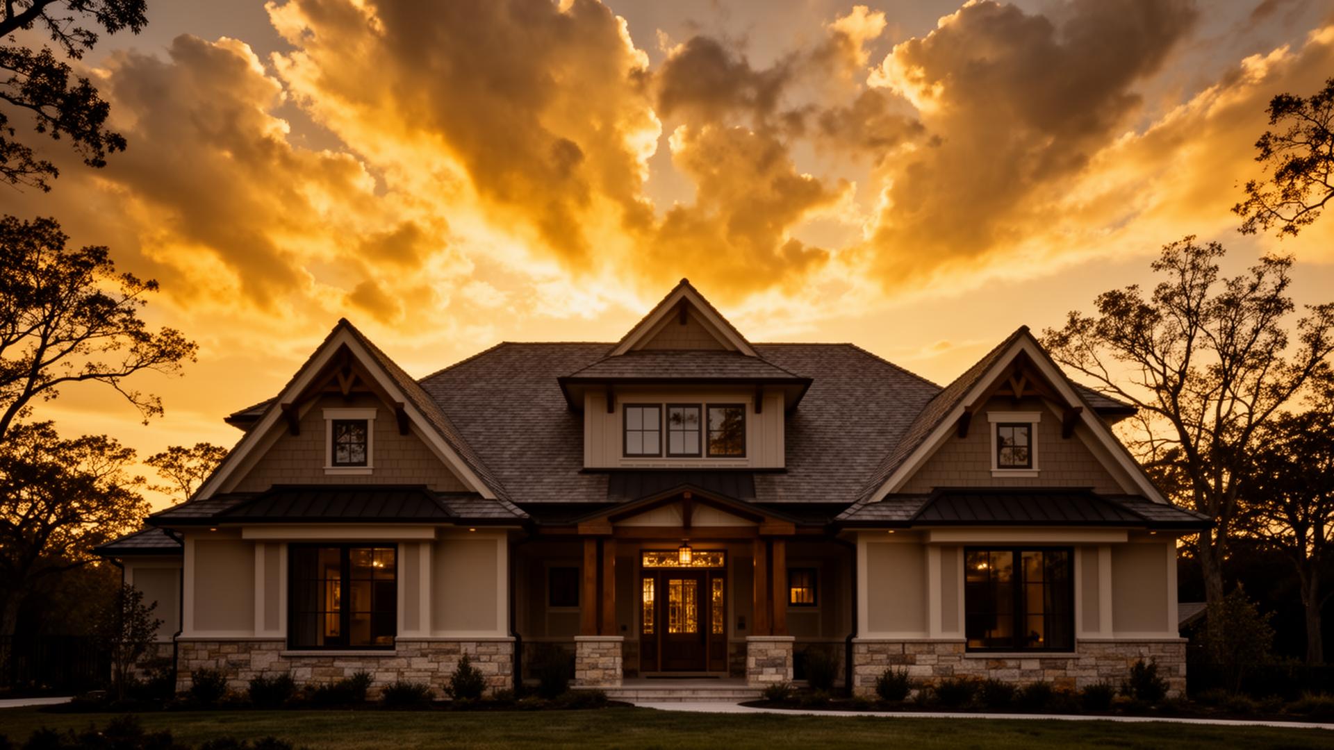 Beautifully finished home with a craftsman roof at golden hour