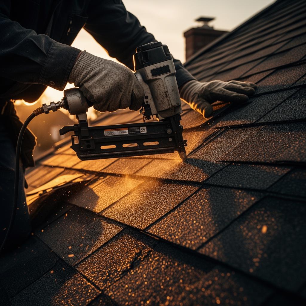 Roofer using a nail gun to install architectural shingles