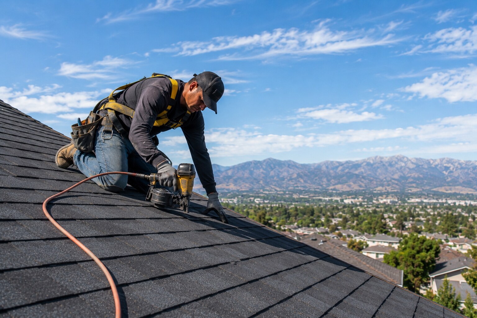 Roofer installing shingles on a residential roof at golden hour